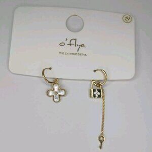 Gold & White Hoop With Flower & Lock & Key Stainless Steel Earrings